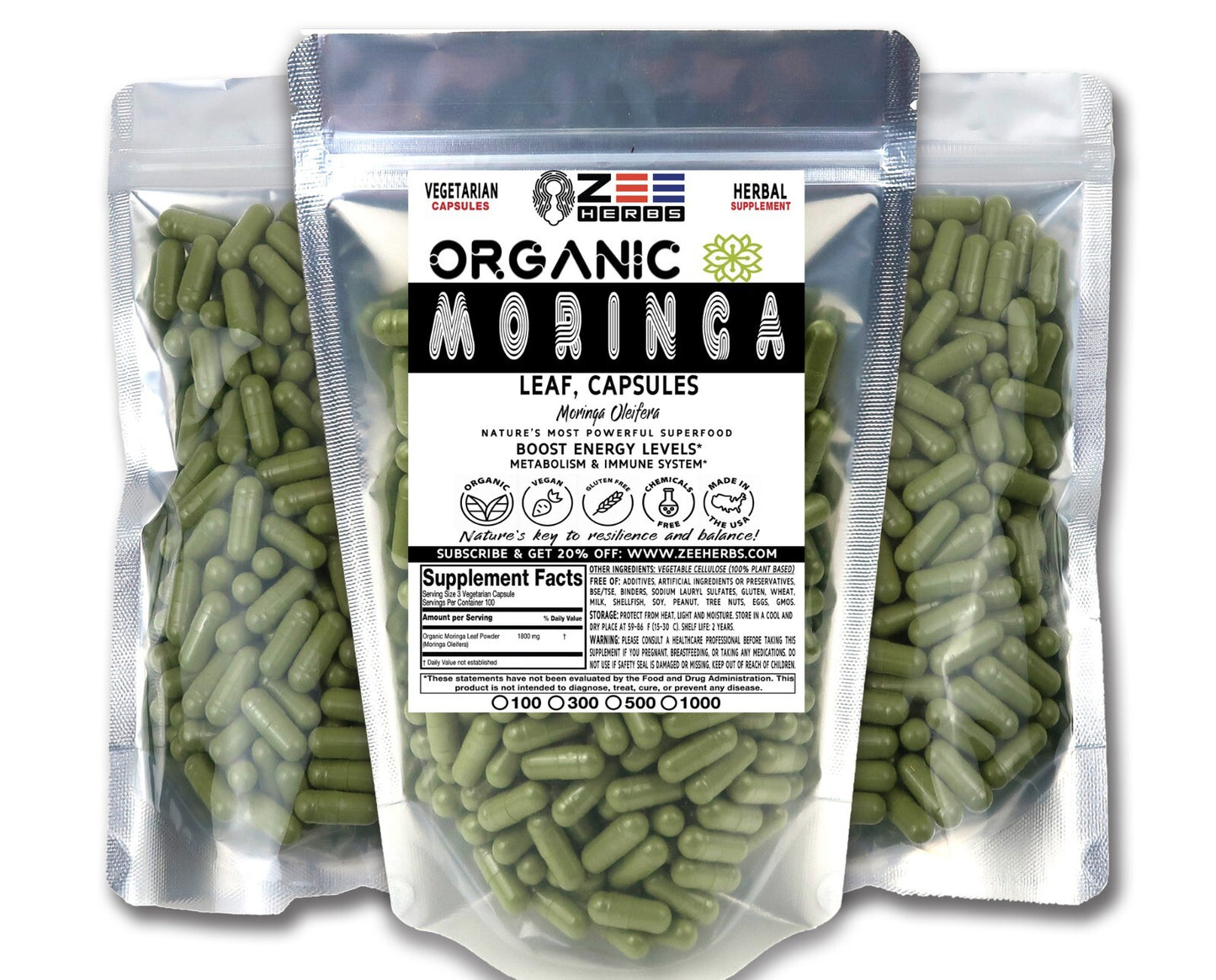 Organic Moringa Capsules - 1800Mg per Serving of Natural Pure Moringa Leaf