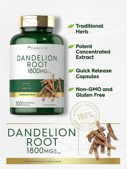 Dandelion Root Extract Supplement | 1800Mg | 300 Capsules 