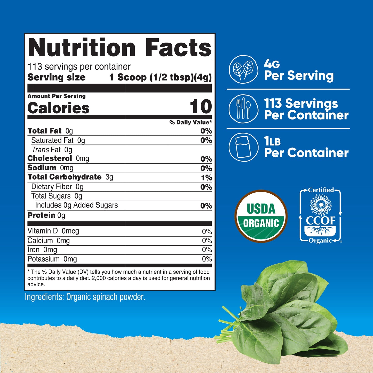 Organic Spinach Powder 1LB - Certified Organic Supplement