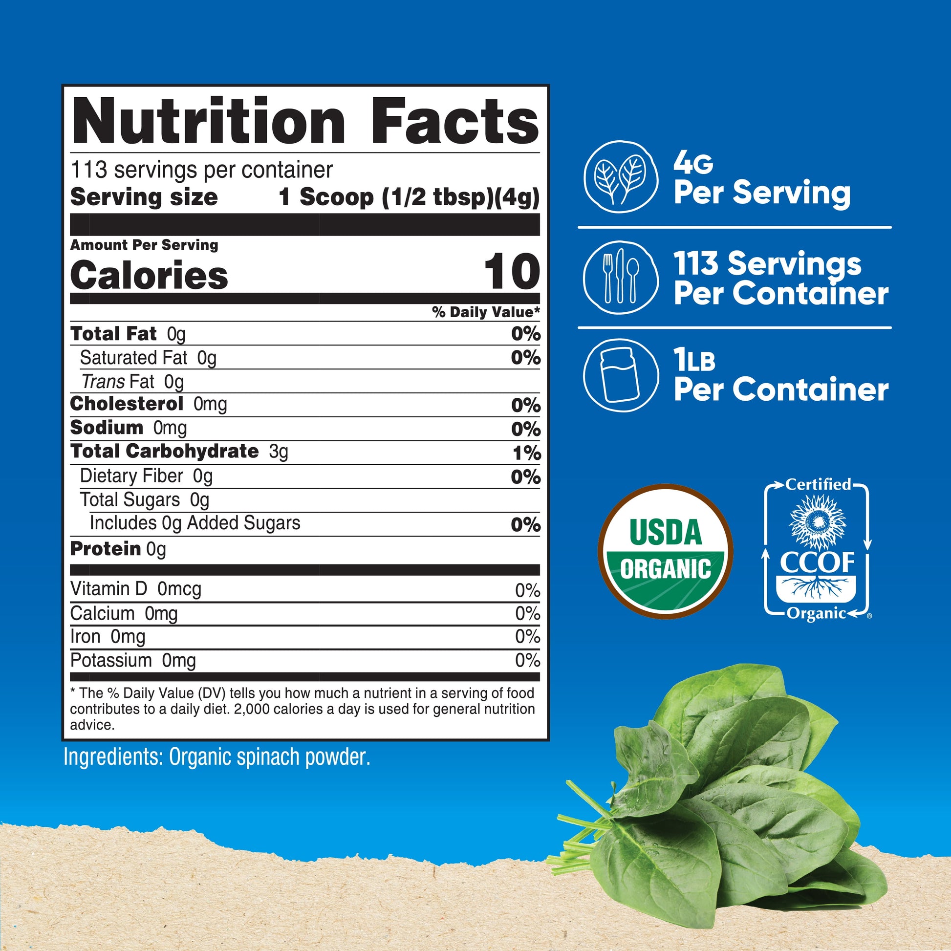 Organic Spinach Powder 1LB - Certified Organic Supplement