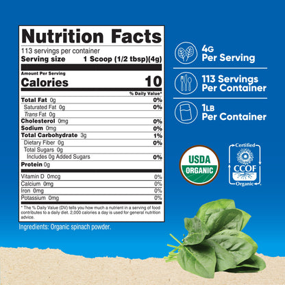 Organic Spinach Powder 1LB - Certified Organic Supplement