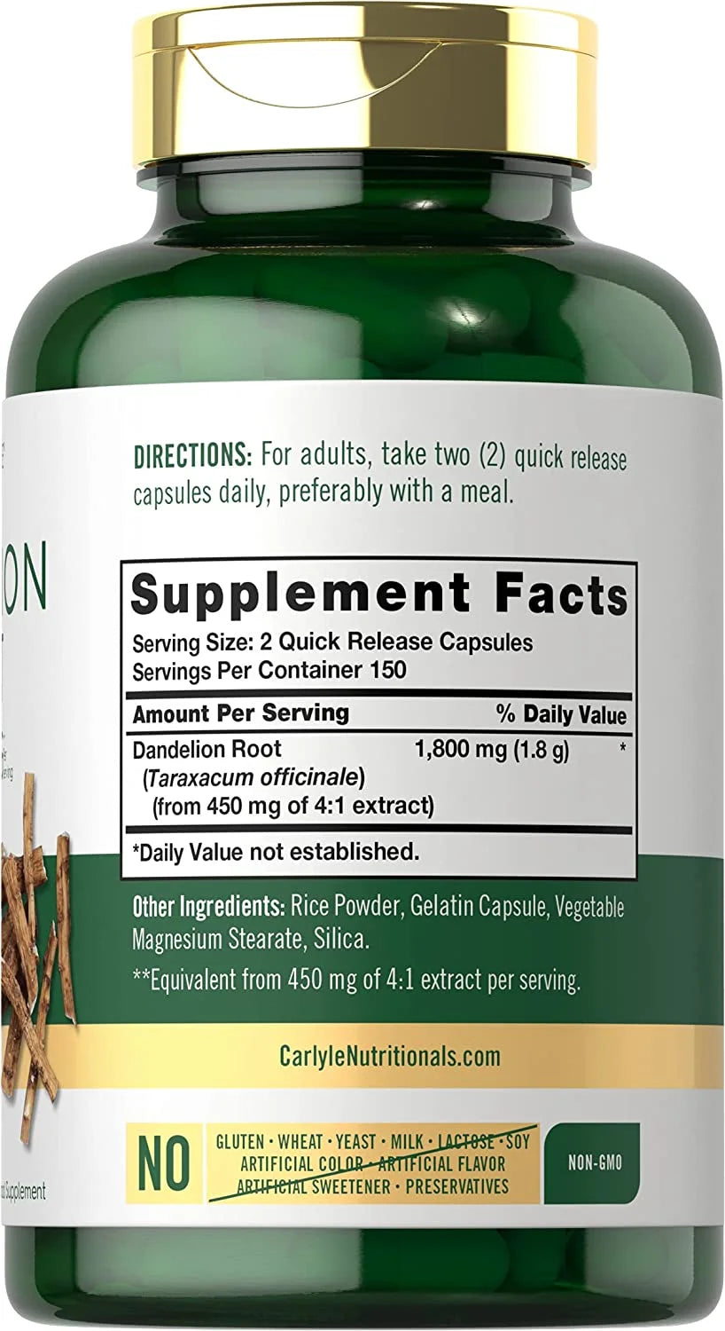 Dandelion Root Extract Supplement | 1800Mg | 300 Capsules 