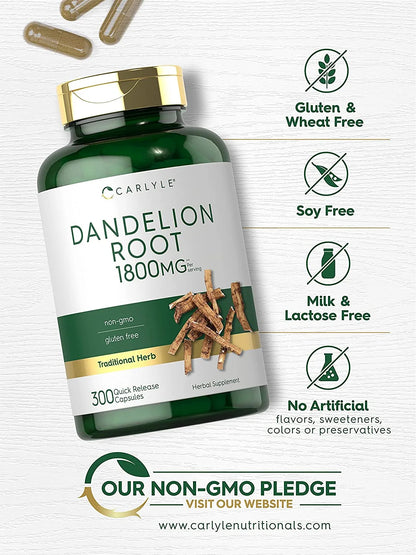 Dandelion Root Extract Supplement | 1800Mg | 300 Capsules 
